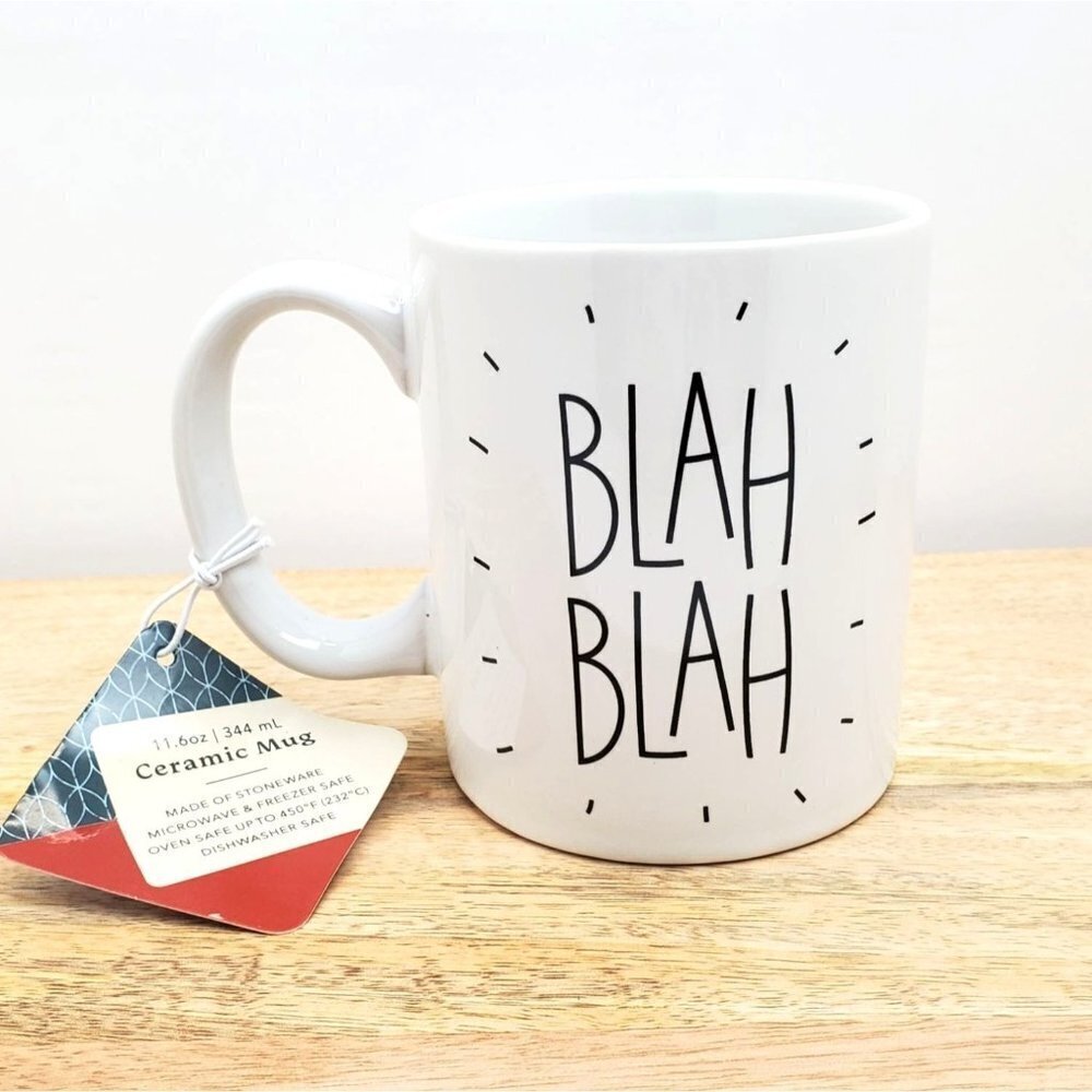 Blah Blah Ceramic Coffee Mug White with  Black Lettering